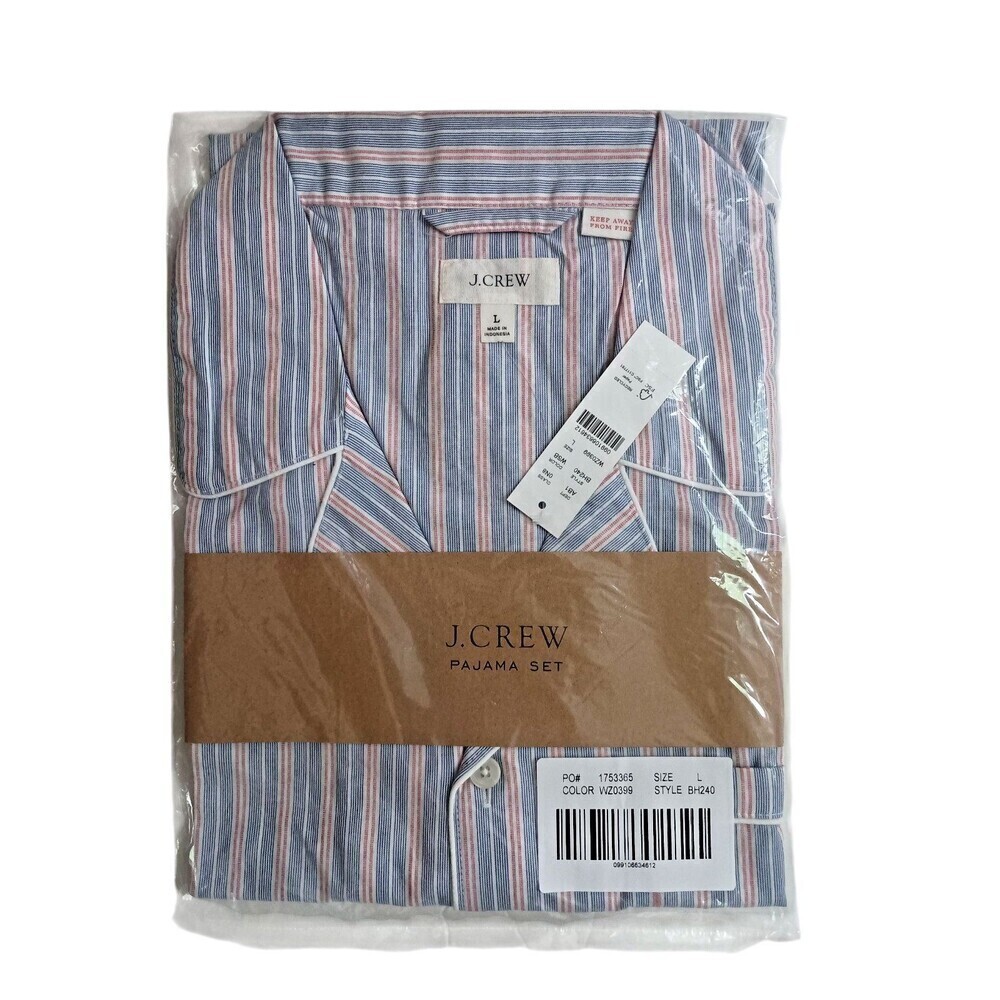 J. Crew Pajama Top Shirt Mens Large Poplin Striped Blue Red White Pocket BH240